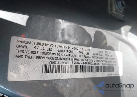 2011 Volkswagen Jetta 2.5L Se z USA, uszkodzony, nr VIN 3VWDZ7AJ2BM011666